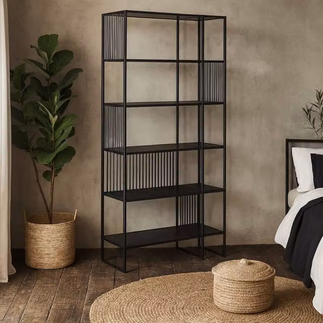 Wyld Haus Porto Tall Metal Shelving Unit with Stone Effect Shelves, Black Frame