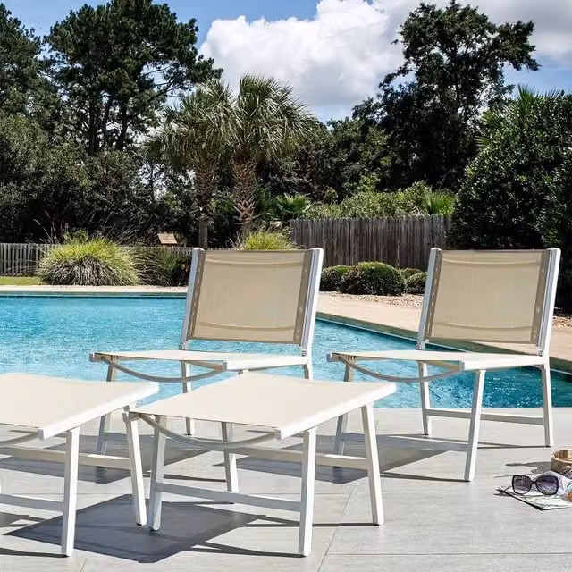 Wyld and Coco Contemporary Garden Lounge Chair with Textilene Seat and Ottoman in Beige