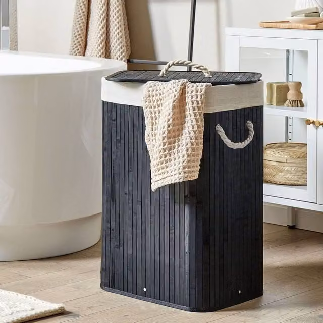 Wyld and Coco Black Bamboo Laundry Basket with Lid and Removable Washable Liner