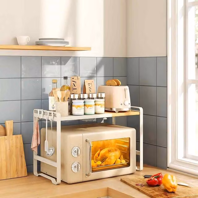 The Bazaarist Expandable Microwave Shelf with 4 Hooks in White and Natural Bamboo