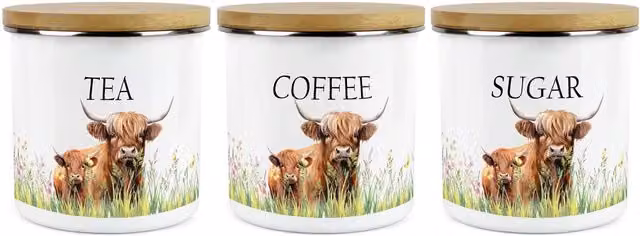 Purely Home Highland Cow Mum and Calf Tea, Coffee and Sugar Large Kitchen Canister Set of 3, White