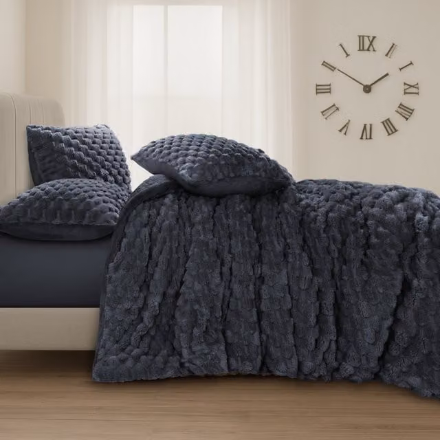 VELOSSO Reversible Charcoal Grey Anthracite Teddy Fleece Winter Duvet Set, W x H: 180 x 200 cm