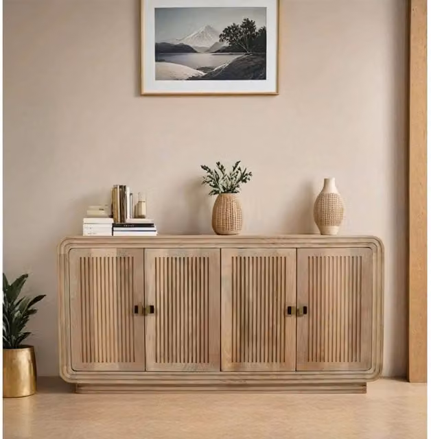 IH Design Paloma Carved Mango Wood 4 Door Large Sideboard in Brown and Beige