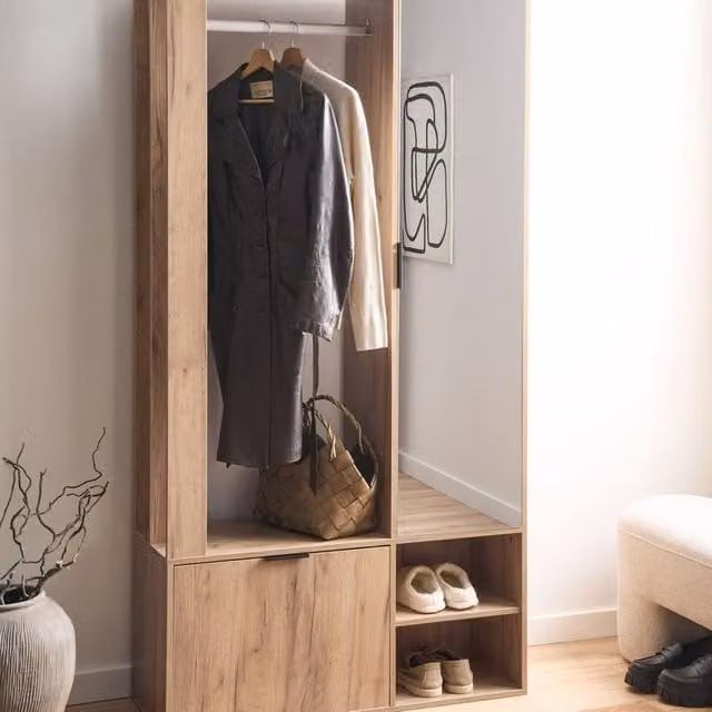 Wyld and Coco Brown Modern Hallway Wardrobe with Mirrored Door and Internal Shelves H 190 x W 100 x D 35 cm