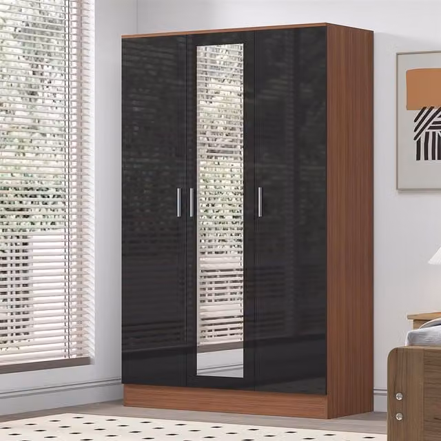Reflect 3 Door Mirrored Wardrobe in Black Gloss and Walnut, H 180 x W 113 x D 47 cm