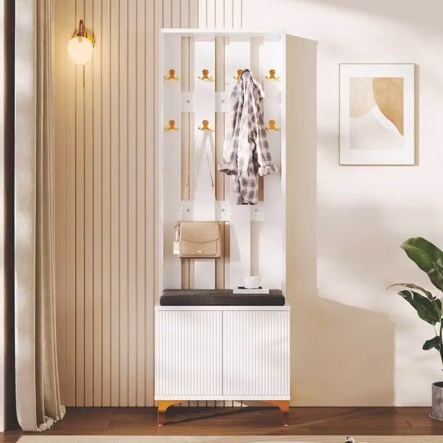 Rolipo Modern White Entryway Coat Rack Wardrobe Set with Shoe Bench and Cabinet