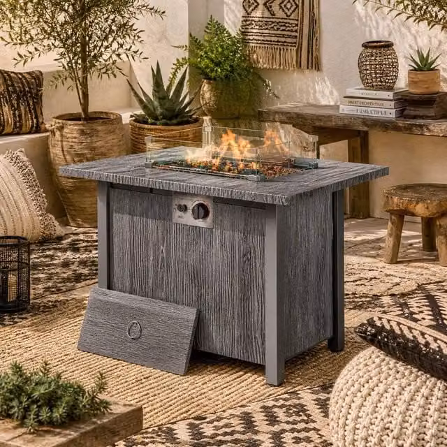 Wyld Haus Rectangular Dark Grey Steel Gas Fire Pit Table with Glass Guard Cover W/D/H: 109 x 56 x 32 cm
