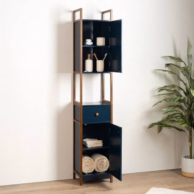 Scottish Everlastings Ltd Tall Navy Blue Bamboo Bathroom Unit with Hinged Doors and Internal Shelves, H 165 x W 29 x D 32 cm