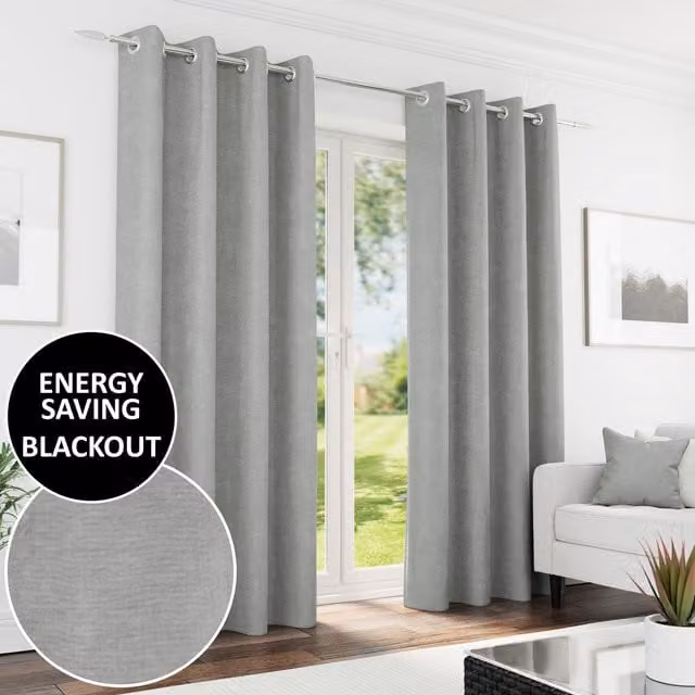 Knightsbridge Grey Chenille Blackout Eyelet Curtains, W: 137 cm, H: 168 cm