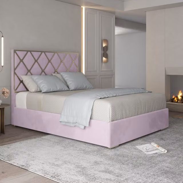 Repose Upholstered Velvet Metal Bed Frame in Pink, W/D/H: 200 x 200 cm