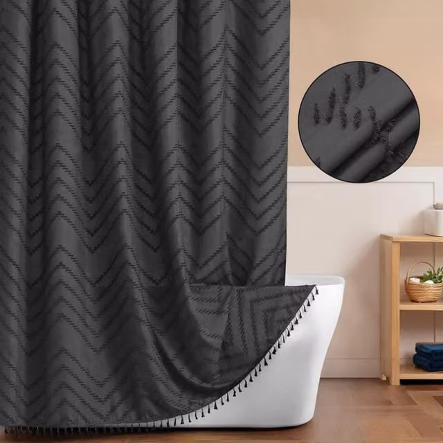 INHOUSOLU HOME DECOR Grey Tufted Textured Chevron Striped Polyester Bathroom Shower Curtain with Tassels and Eyelets