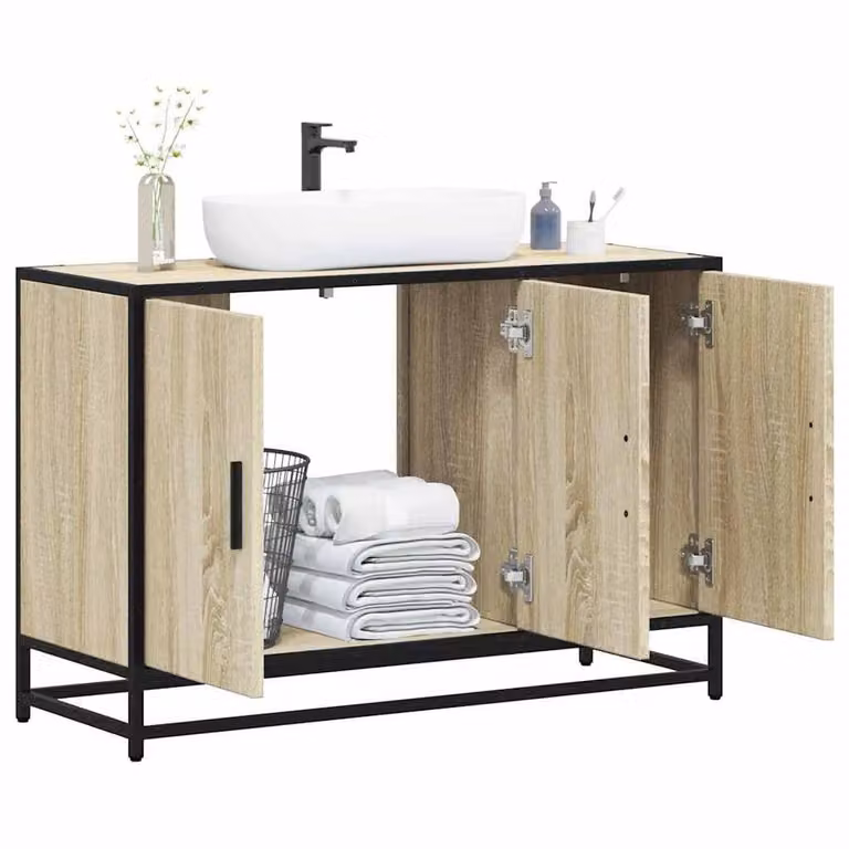 Berkfield Home Elegant Bathroom Sink Cabinet in Sonoma Oak and Beige, W/D/H: 90 x 33 x 60 cm