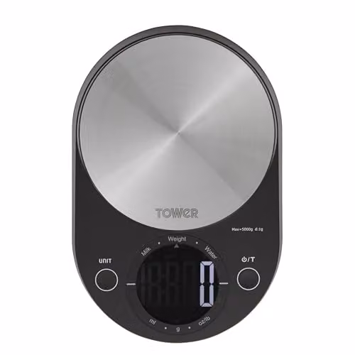 Tower T876000BK Digital Kitchen Scales with LCD Display and Tare Function, Black and Stainless Steel