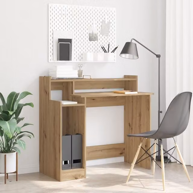 Berkfield Modern Writing Desk with Storage Shelf in Brown Artisan Oak Engineered Wood