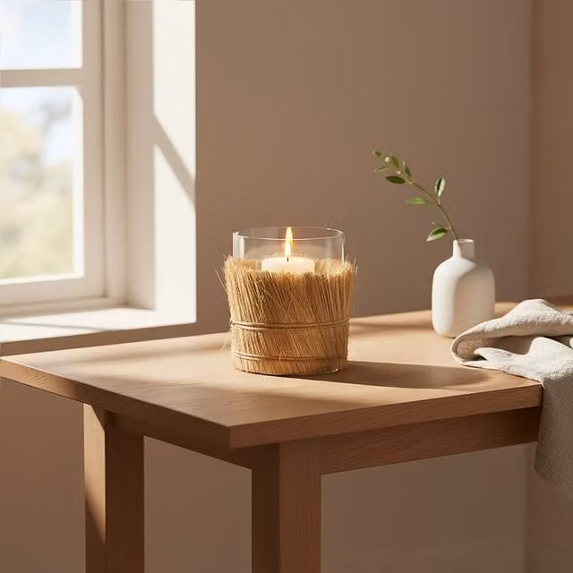 Orsina Modern Round Glass and Rattan Candle Holder in Beige, Brown and Transparent