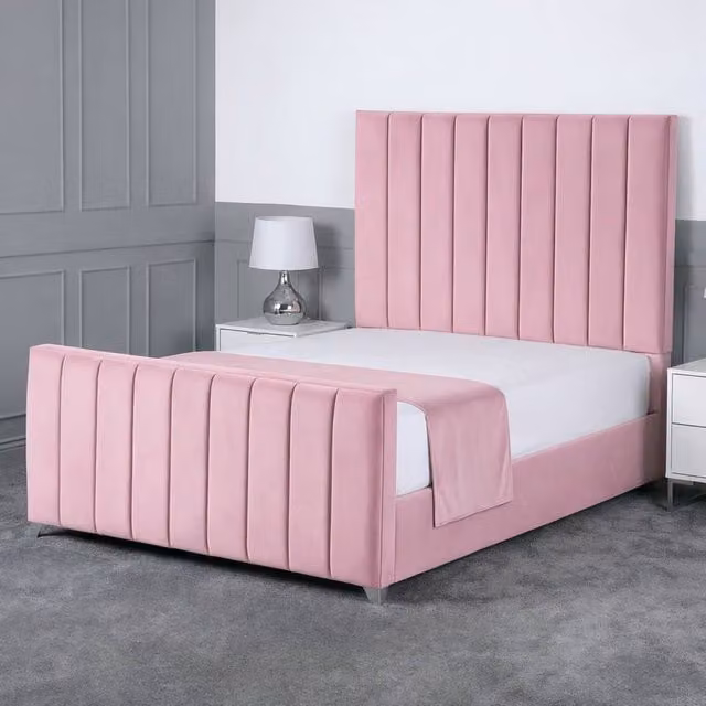Living Comfort Bedz Empress Plush Velvet Upholstered Bed with Slatted Base and 48 Inch Headboard in Pink, Super King