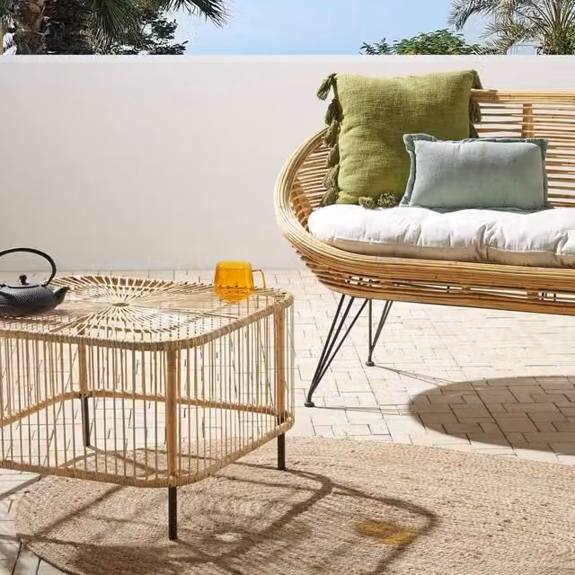 Wyld and Coco Natural Rattan Outdoor Coffee Table with Powder Coated Steel Frame, W/D/H: 67 x 67 x 45 cm