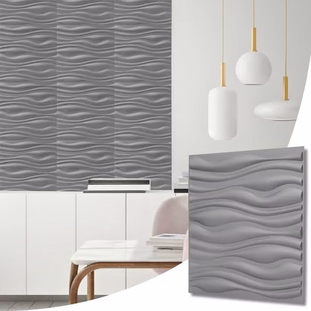 NOVECRAFTO 3D PVC Wall Panels with Wave Effect Design in Silver Grey, W/D/H: 50 x 50 x 0.25 cm
