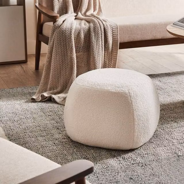 Wyld and Coco Off-White Bouclé Square Pouffe, W/D/H: 50 x 50 x 33 cm