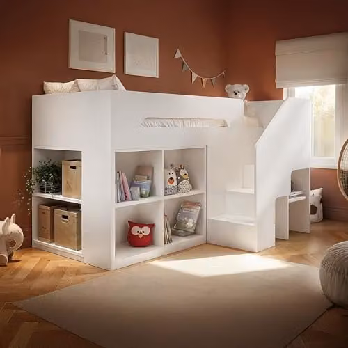 Flair Quinn Mid Height Staircase Mid Sleeper Bed with Storage and Side Compartments in White and Green, W/D/H: 200 x 90 x 142.4 cm