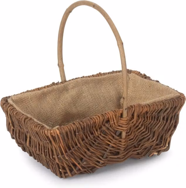 Red Hamper Small Rectangular Unpeeled Willow Garden Trug with Hessian Lining in Brown and Red
