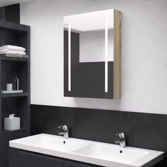Berkfield Home LED Bathroom Mirror Cabinet in Brown Oak, W/D/H: 50 x 13 x 70 cm