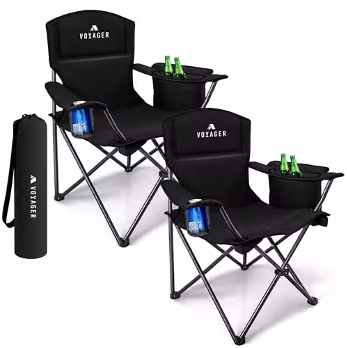 Voyager 2 Pack Folding Camping Chairs with Cooler Bag in Black