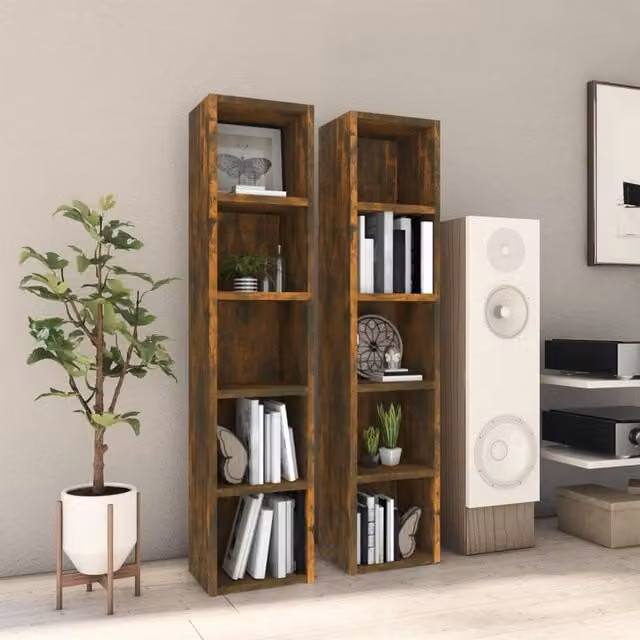 Berkfield Home Set of 2 Wall Mounted CD Cabinets in Smoked Oak Brown, W/D/H: 21 x 16 x 93.5 cm