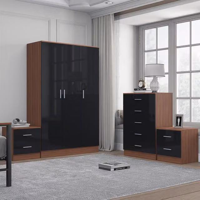 REFLECT Bedroom Furniture Bundle featuring 3-Door Wardrobe, Chest of Drawers and 2 Bedside Tables in Black Gloss and Matt Walnut