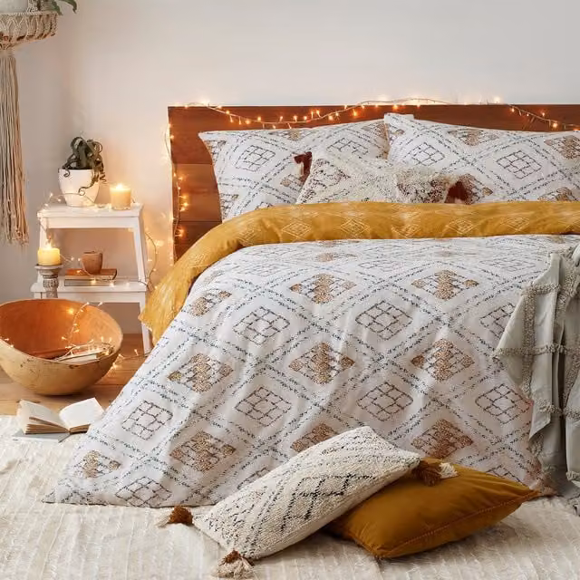 Make it a Home Global Inspired Reversible Boho Cotton Duvet Cover Set in Yellow and White, 180 x 200 cm