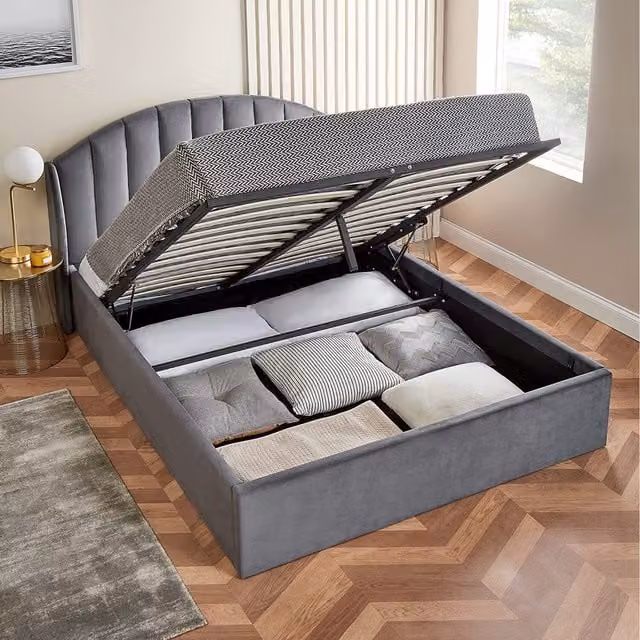 Home Treats King Size Storage Ottoman Bed and Mattress with Curved Plush Winged Headboard in Grey Brushed Velvet, H 168 cm x W 180 cm x D 200 cm