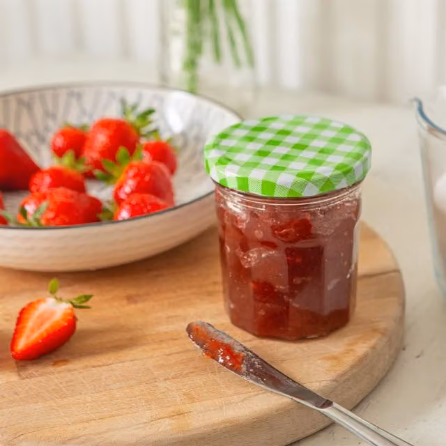 Argon Tableware Glass Jam Jars with Green Gingham Lids, 250 ml, Pack of 24
