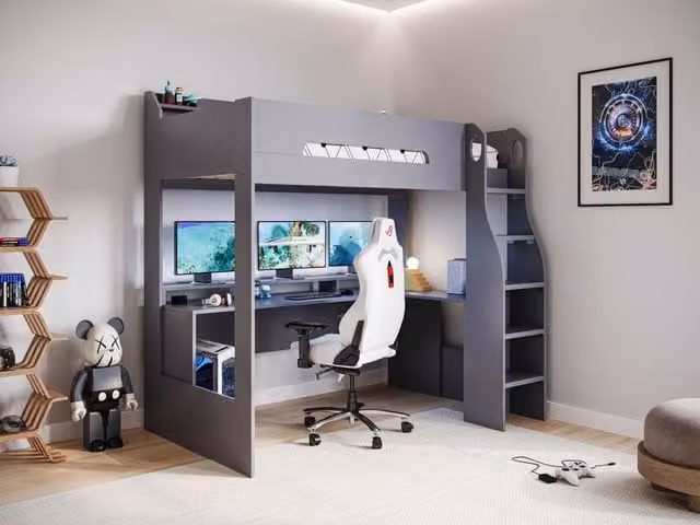 Flair Skyhigh Gaming High Sleeper Bed in Grey, Single Size, W/D/H: 90 x 200 x 116 cm