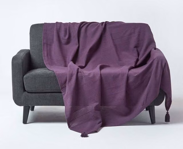 Homescapes Purple Cotton Rajput Ribbed Woven Throw, W/D/H: 360 x 255 x 1 cm