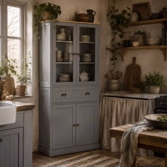 Wyld Haus Todi Hael Tall Kitchen Pantry Cupboard, Grey and Oak, H 182.5 x W 76.0 x D 40.0 cm