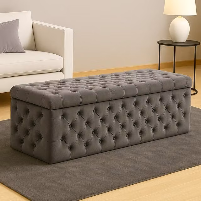 R&M Furnishers Wide Lux Chesterfield Ottoman Storage Box in Emerald Green and Steel Grey Velvet