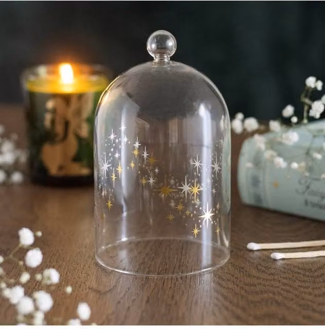 KDMD Stardust Glass Candle Cloche, Gold Star Decorative Pillar Candle Dome in Transparent Glass