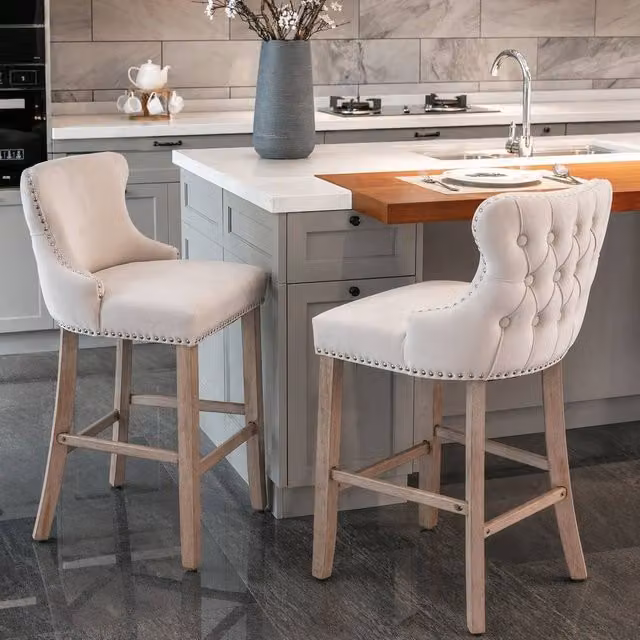 Modern Home Touch Set of 2 Beige Velvet Upholstered Bar Stools with Wood Legs