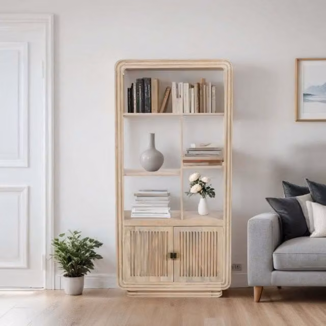 IH Design Paloma Carved Mango Wood Bookcase in Brown and Beige, H: 165.0 cm, W: 80.0 cm, D: 35.0 cm