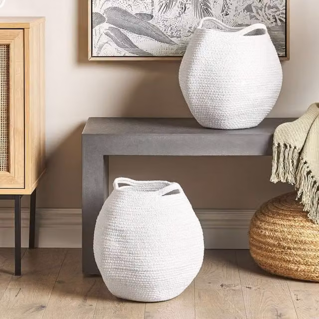 Wyld and Coco Set of 2 White Open Weave Cotton Storage Baskets W: 20 cm, D: 30 cm