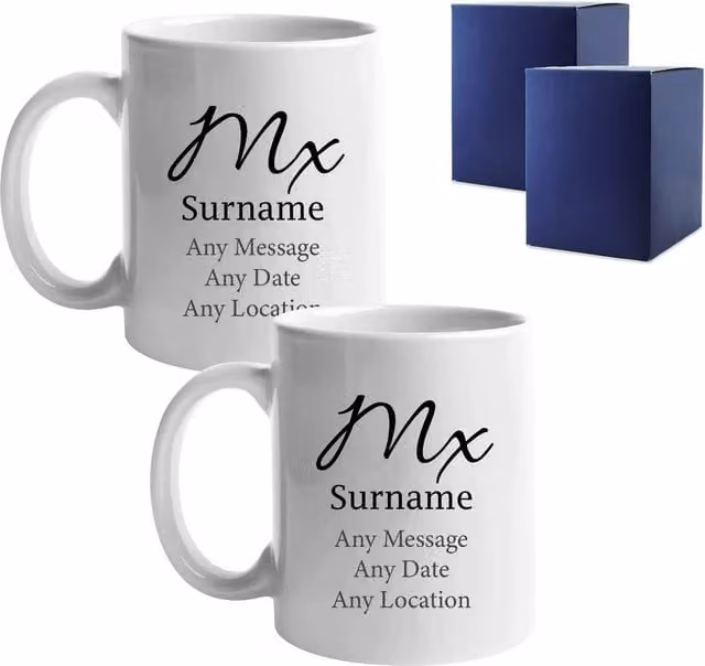 Uniqueful Personalised Mx & Mx Elegant Font Design Wedding Mug Set in White, 1000ml