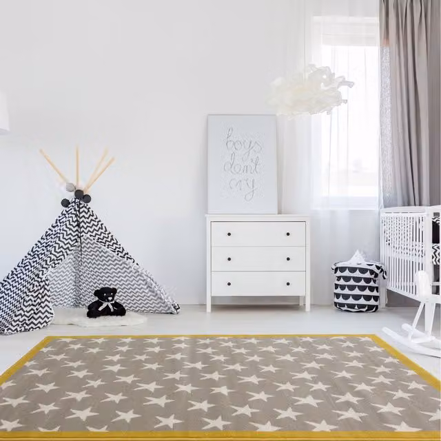 The Rug House Yellow Bordered Kids Bedroom Play Room Rug in Grey, W: 230 cm, D: 160 cm