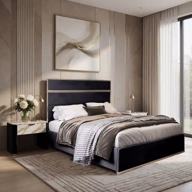 KDMD Horam Upholstered Velvet Designer Bed Frame with Black Metal Details, Super King, 200 x 200 cm