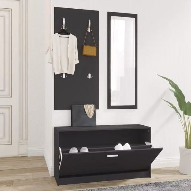 Berkfield Home 3-in-1 Modern Black Shoe Cabinet Set with Mirror and Wall Rack