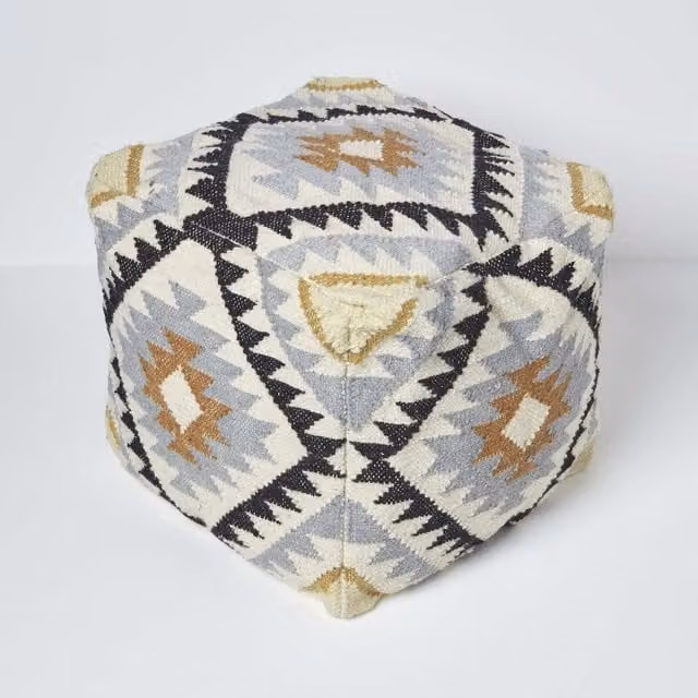 Homescapes Agra Gold Black Kilim Handwoven Beanbag Pouffe Footstool in Yellow and Multicolour