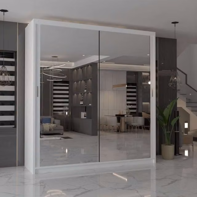 MN Furniture Cuba Sliding Mirror Wardrobe with Integrated LED Lighting, White, W: 100 cm, H: 217 cm