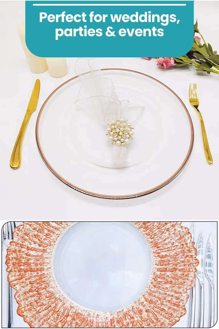 Neel Blue Clear Glass Charger Plates with White Diamante and Pearl Flower Design, Diameter: 33 cm