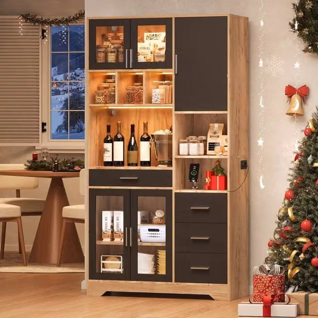 Merax Tall Kitchen Dresser in Black with Glass Doors, Integrated LED Lighting and Power Outlet, Height: 100 cm