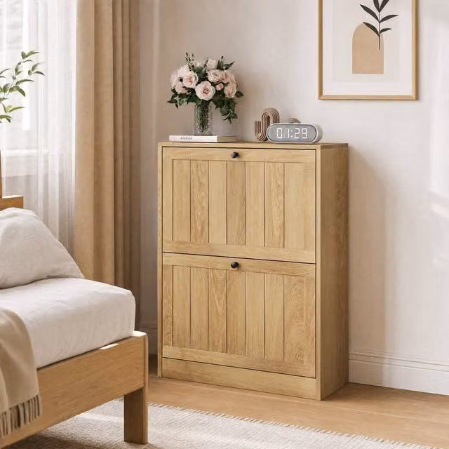 Merax Modern Oak Shoe Storage Cabinet with Tilting Compartments in Brown and Black
