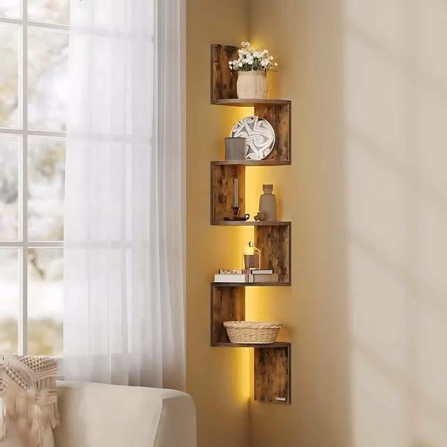 The Bazaarist 5 Tier Corner Shelf with RGB LED Lights in Rustic Brown